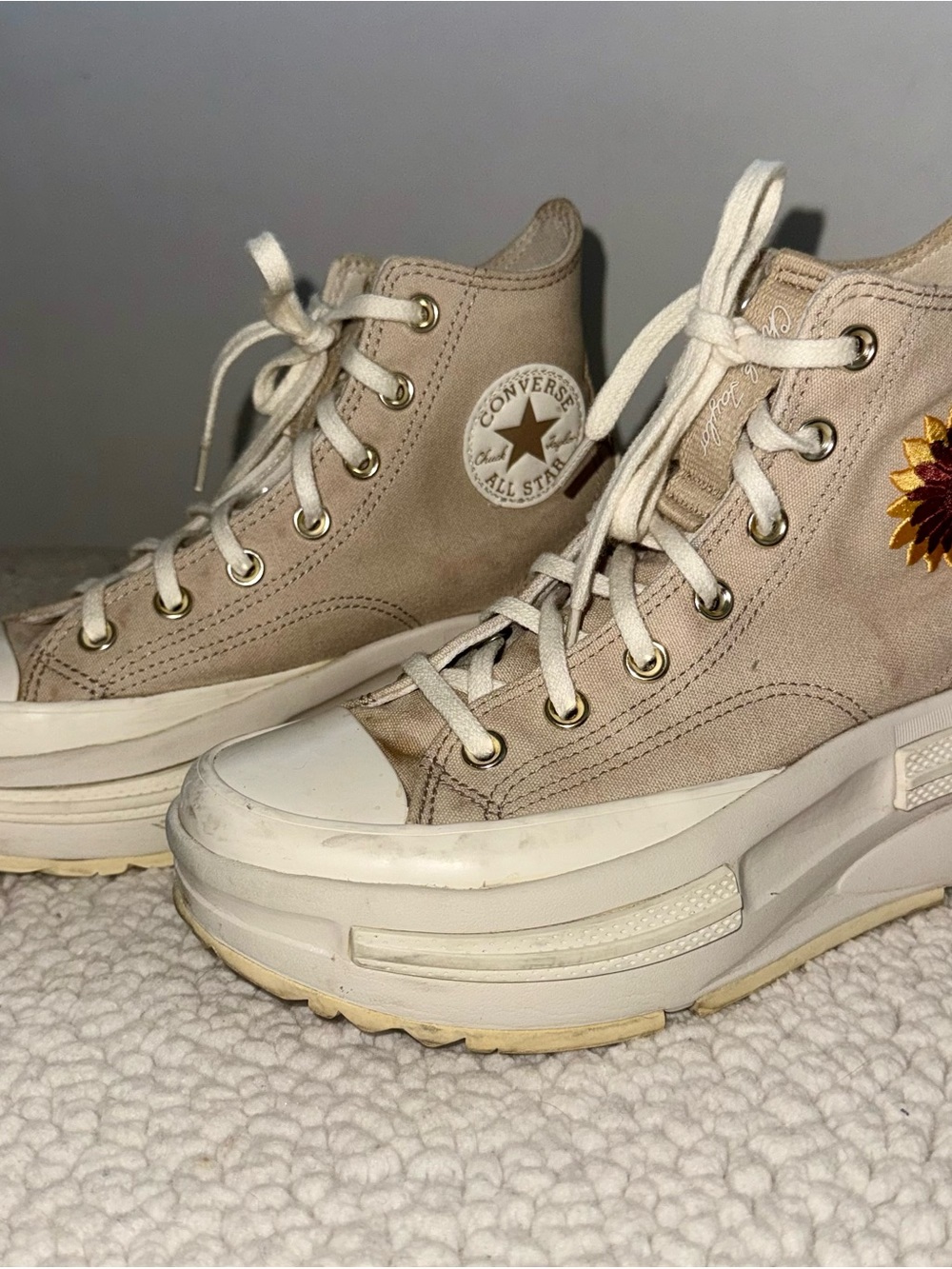 Converse High Top Platform Sneakers - Beige with Sunflower Accent